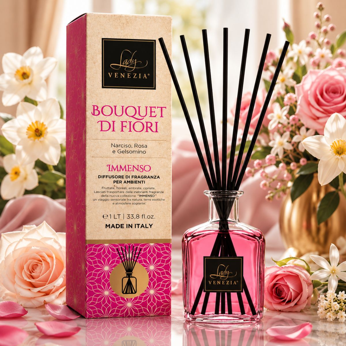 LADY VENEZIA DIFFUSORE AMBIENTE BOUQUET DI FIORI - Narciso, Rosa e Gelsomino 1000ml