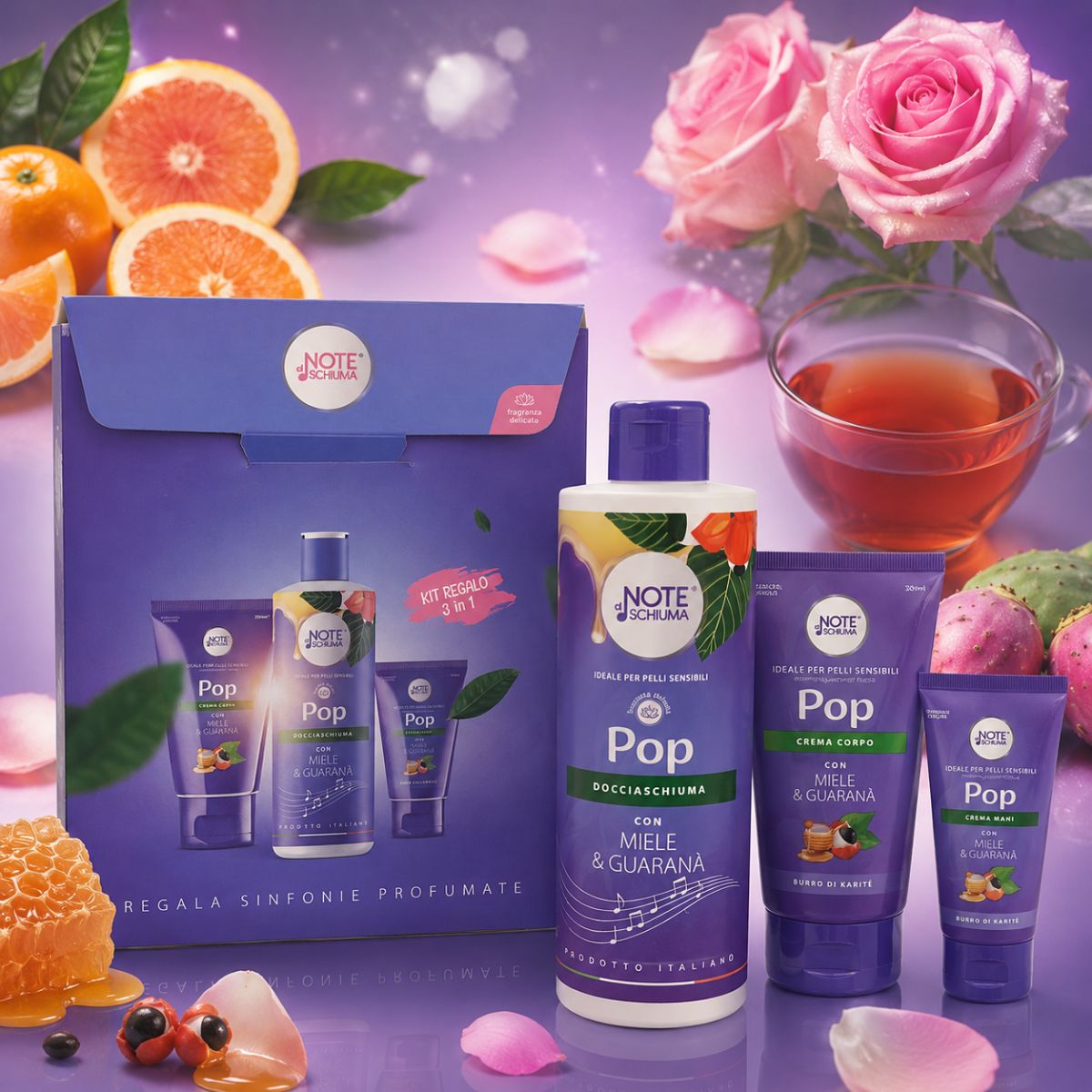 NOTE DI SCHIUMA POP MIELE & GUARANÁ COFANETTO BENESSERE CORPO - Docciaschiuma 400ml + Crema Mani 75ml + Crema Corpo 200ml - Liquidò