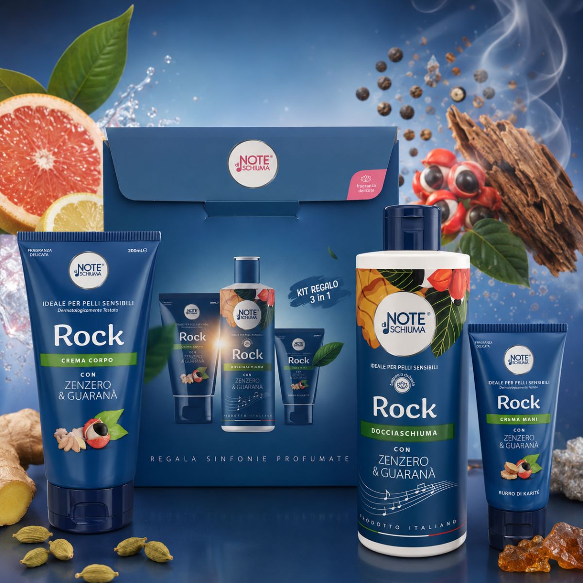 NOTE DI SCHIUMA ROCK ZENZERO & GUARANÁ COFANETTO BENESSERE CORPO - Docciaschiuma 400ml + Crema Mani 75ml + Crema Corpo 200ml - Liquidò