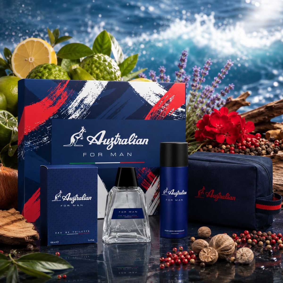 AUSTRALIAN FOR MAN - Uomo Eau de Toilette 100 ml + Deo 150 ml + Borsello - Liquidò