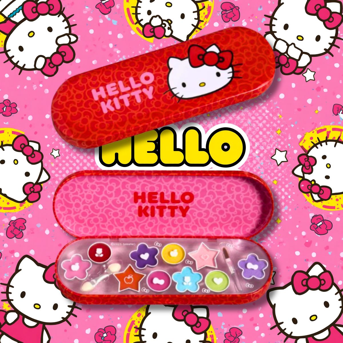 HELLO KITTY MAKE UP TIN - 5 Ombretti in Polvere, 5 Lucidalabbra e 2 Applicatori