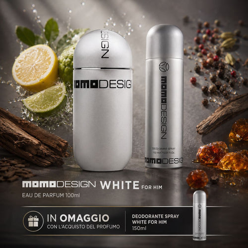 MOMODESIGN WHITE FOR HIM - Eau de Parfum 100 ml + Deodorante Spray 150 ml in Omaggio - Liquidò
