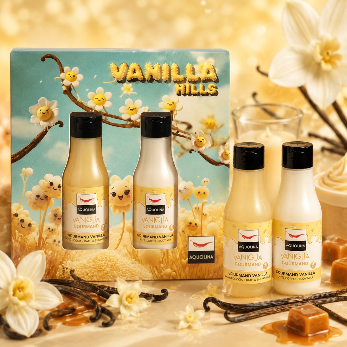 AQUOLINA VANIGLIA GOURMAND - Cofanetto Vanilla Hills | Bagno Doccia 125ml + Latte Corpo 125ml - Liquidò