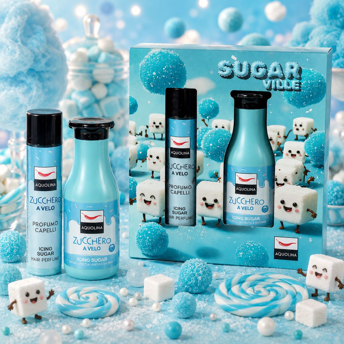 AQUOLINA ZUCCHERO A VELO - Cofanetto Sugar Ville | Profumo Capelli 100ml + Bagno Doccia 250ml - Liquidò