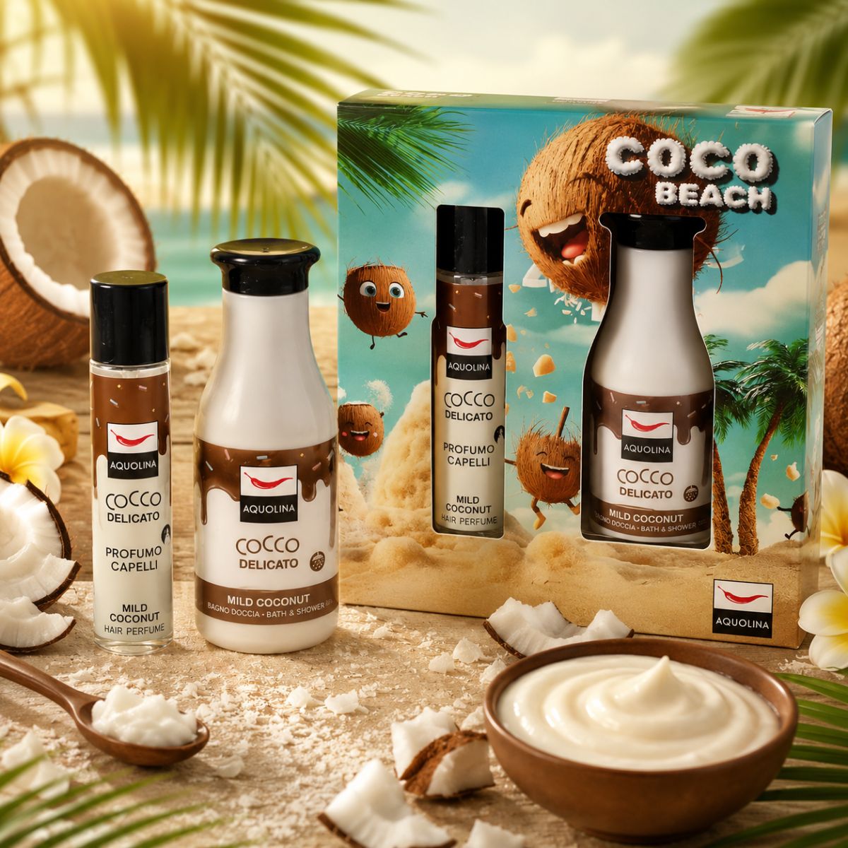 AQUOLINA COCCO DELICATO - Cofanetto Coco Beach | Profumo Capelli 100ml + Bagno Doccia 250ml - Liquidò