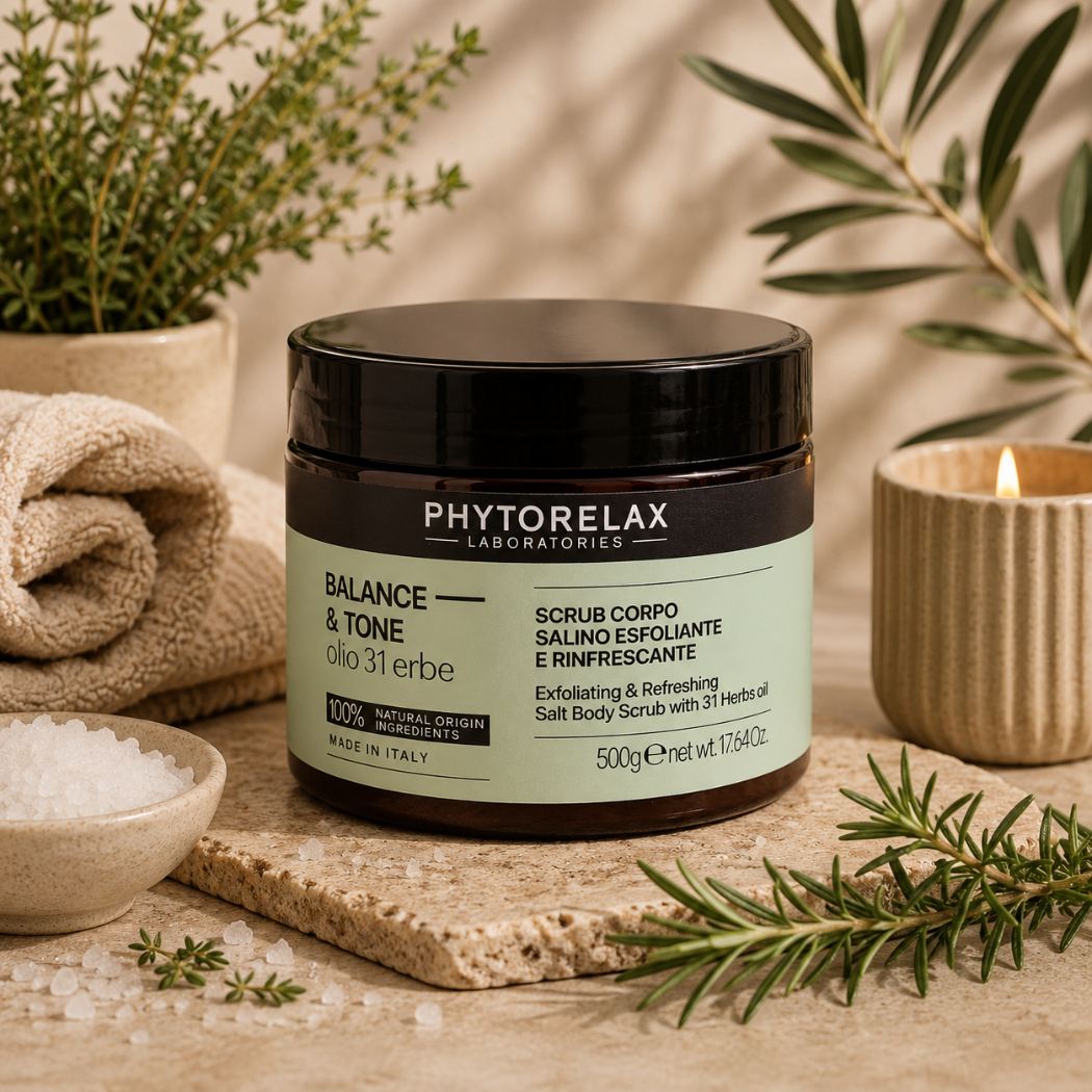 PHYTORELAX - Scrub corpo salino balsamico & rivitalizzante olio 31 erbe CON SALI DEL MAR MORTO - Liquidò