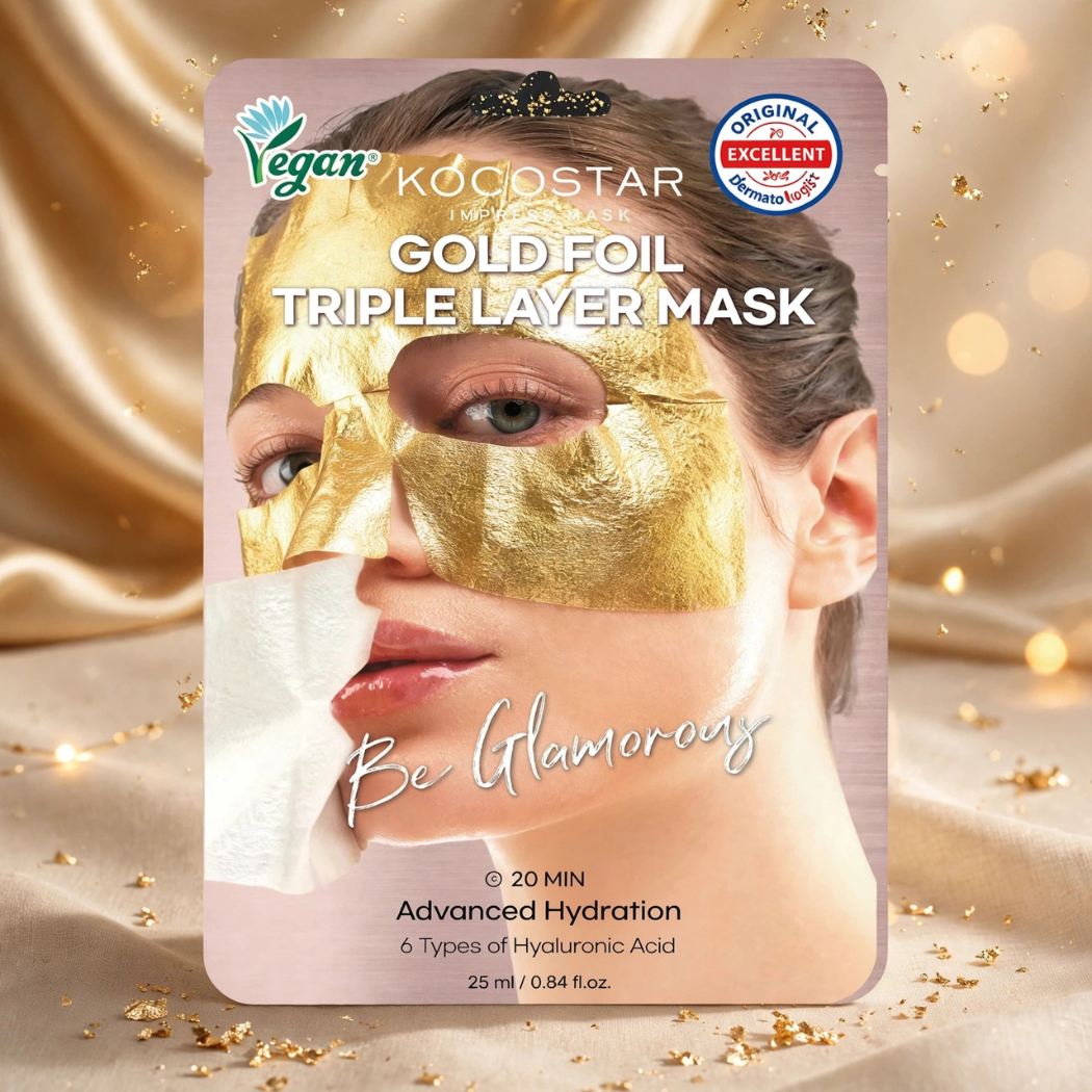 KOCOSTAR GOLD FOIL TRIPLE LAYER MASK - Maschera Viso Vegana Idratazione Profonda, Effetto Glow Immediato