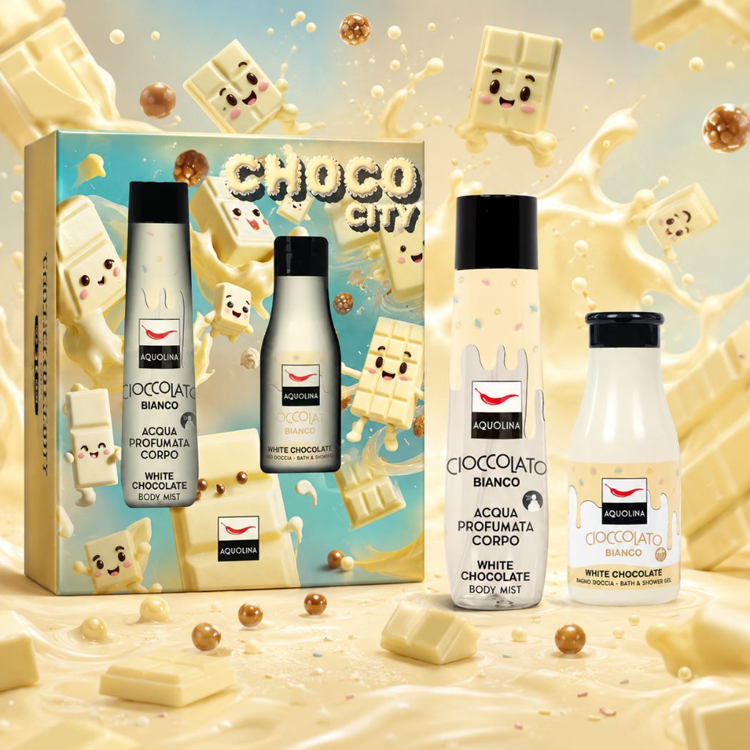AQUOLINA CIOCCOLATO BIANCO - Cofanetto Choco City | Acqua Profumata 150ml + 1 Bagno Doccia 125ml