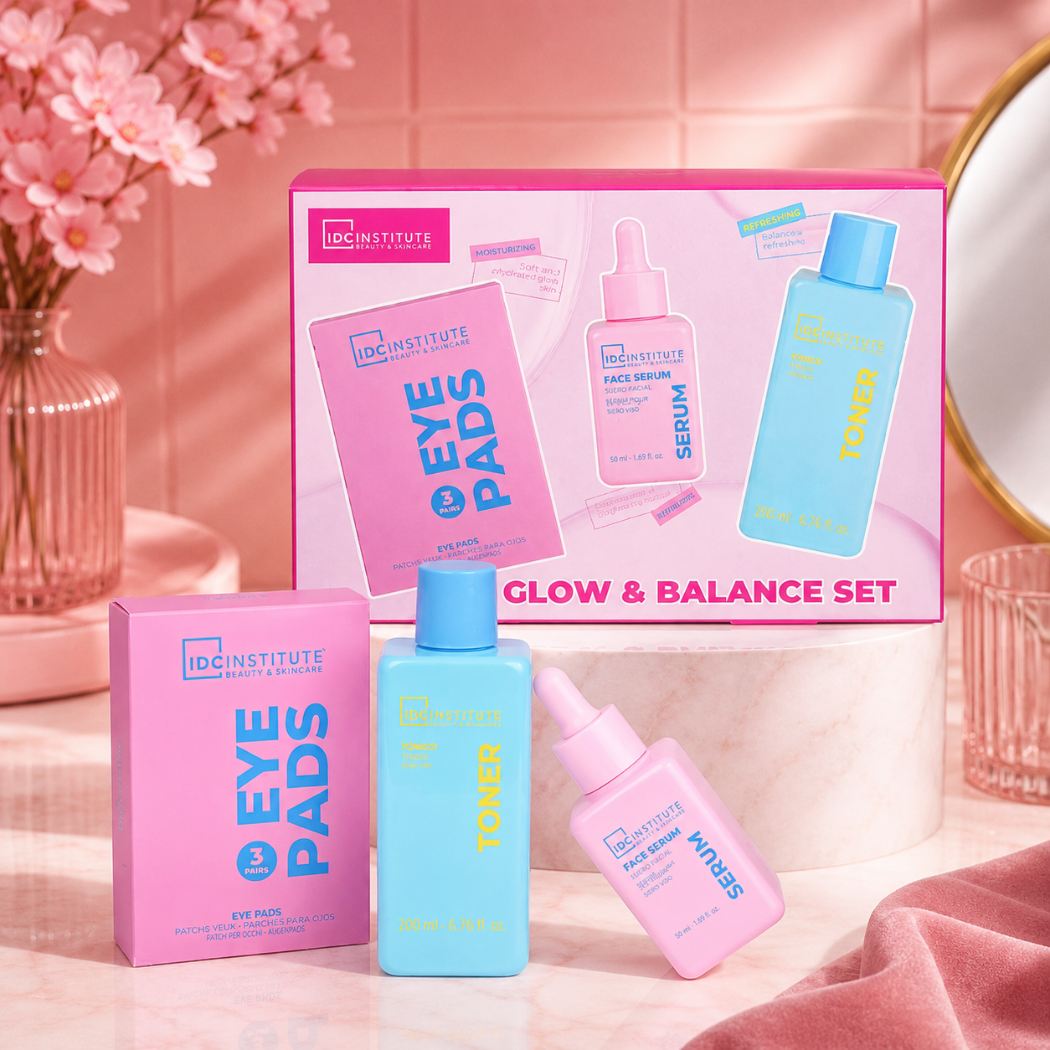 IDC INSTITUTE GLOW & BALANCE SET - Tonico Viso Idratante 200ml + Siero Viso Lenitivo 50ml +3 Paia di Patch Occhi Idratanti