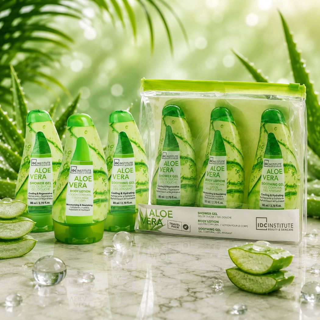 IDC INSTITUTE ALOE VERA - KIT DA VIAGGIO - bagnoschiuma, crema corpo e gel lenitivo 80ml