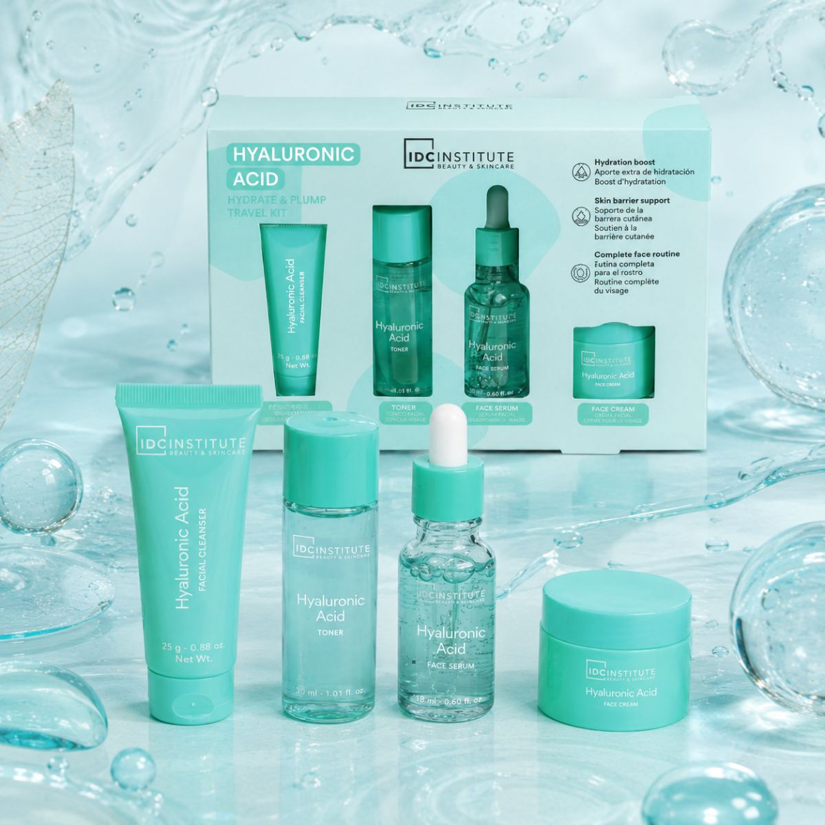 IDC INSTITUTE HYALURONIC ACID HYDRATE & PLUMP TRAVEL KIT - Detergente Viso 25g + Tonico Viso 25ml + Siero Viso 18ml + Crema Viso 20g