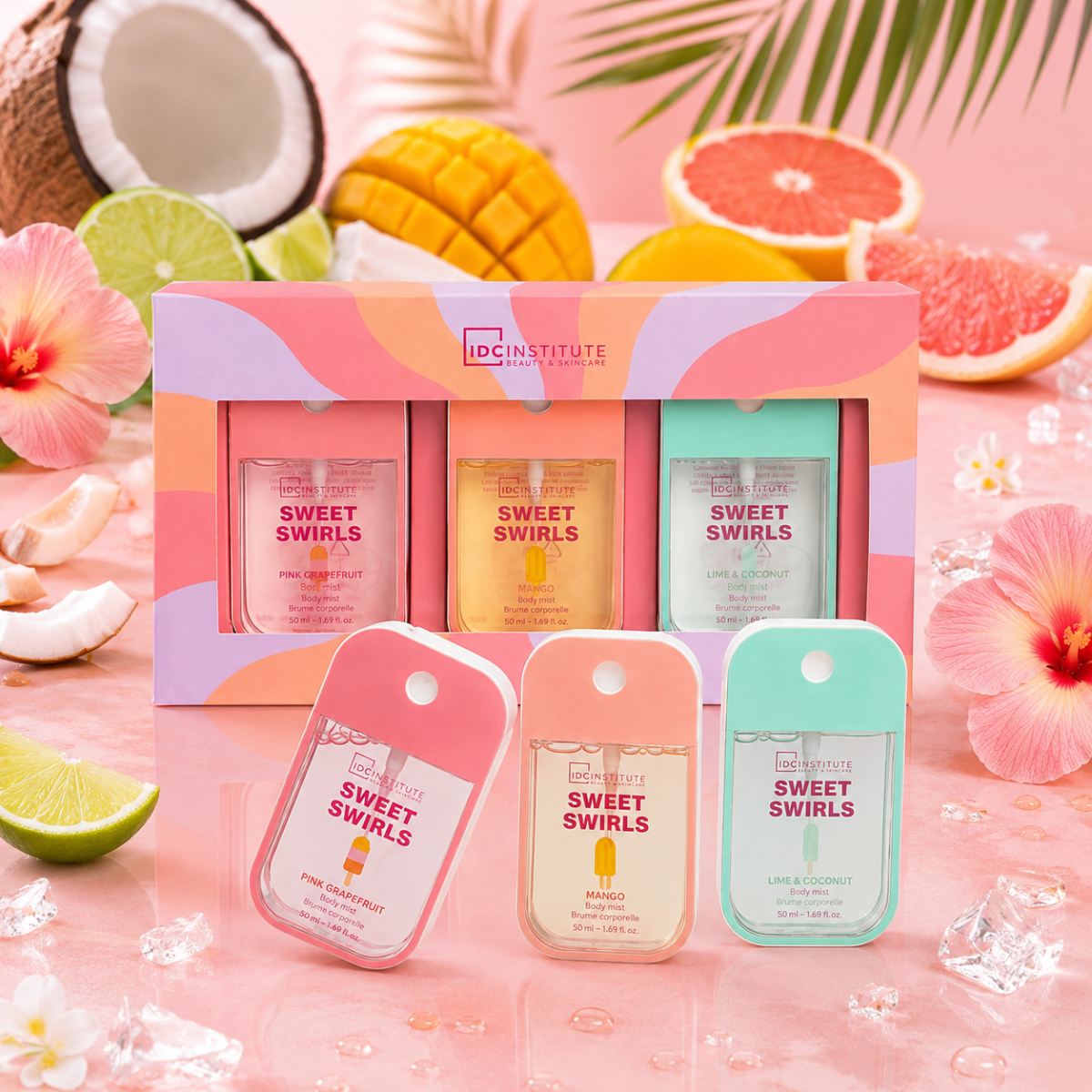 IDC INSTITUTE SWEET SWIRLS TROPICAL | Travel Set 3 Acque profumate per il Corpo - Fresche & Dolci Essenze