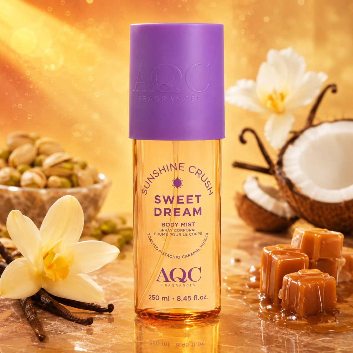 AQC SUNSHINE CRUSH SWEET DREAM BODY MIST - Spray Corpo Profumato Caramello e Macadamia 250ml
