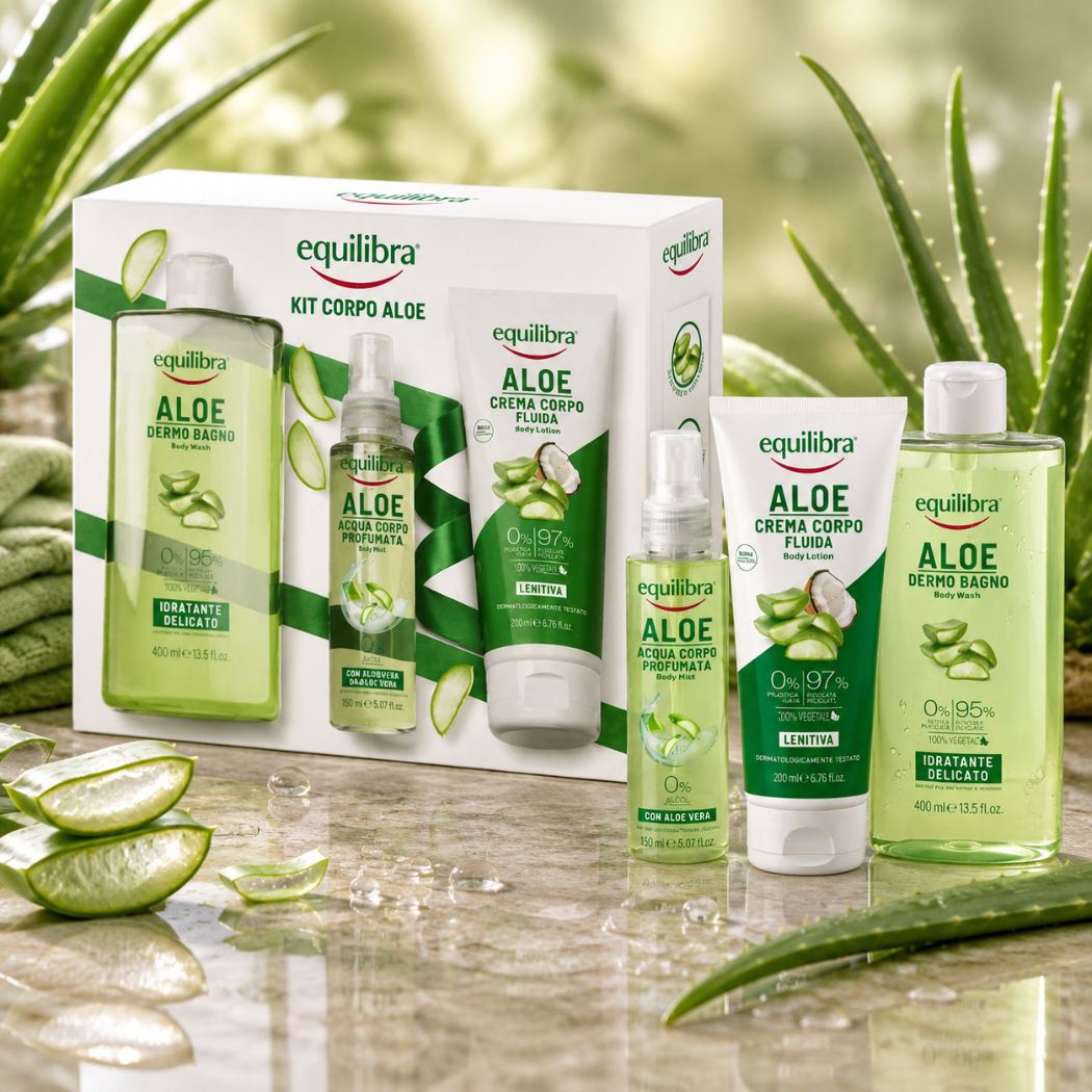 EQUILIBRA KIT ALOE - Dermo Bagno Idratante 400 ml + Acqua Corpo Profumata 100 ml + Crema Corpo Lenitiva 200 ml - Liquidò