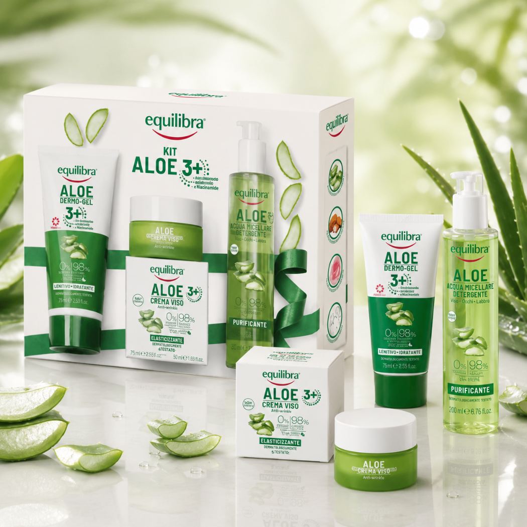 EQUILIBRA KIT ALOE - Gel Dermoprotettivo Plus 150 ml + Crema Viso Anti Rughe Effetto Filler 50 ml + Gel Detergente Micellare 200 ml - Liquidò