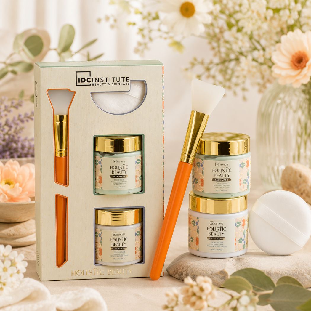 IDC INSTITUTE HOLISTIC BEAUTY CONFEZIONE SKINCARE - Face Mask 60 ml + Face Cream 60 ml + Pennello in Silicone per Maschera  + Piumino per Cipria (Powder Puff)
