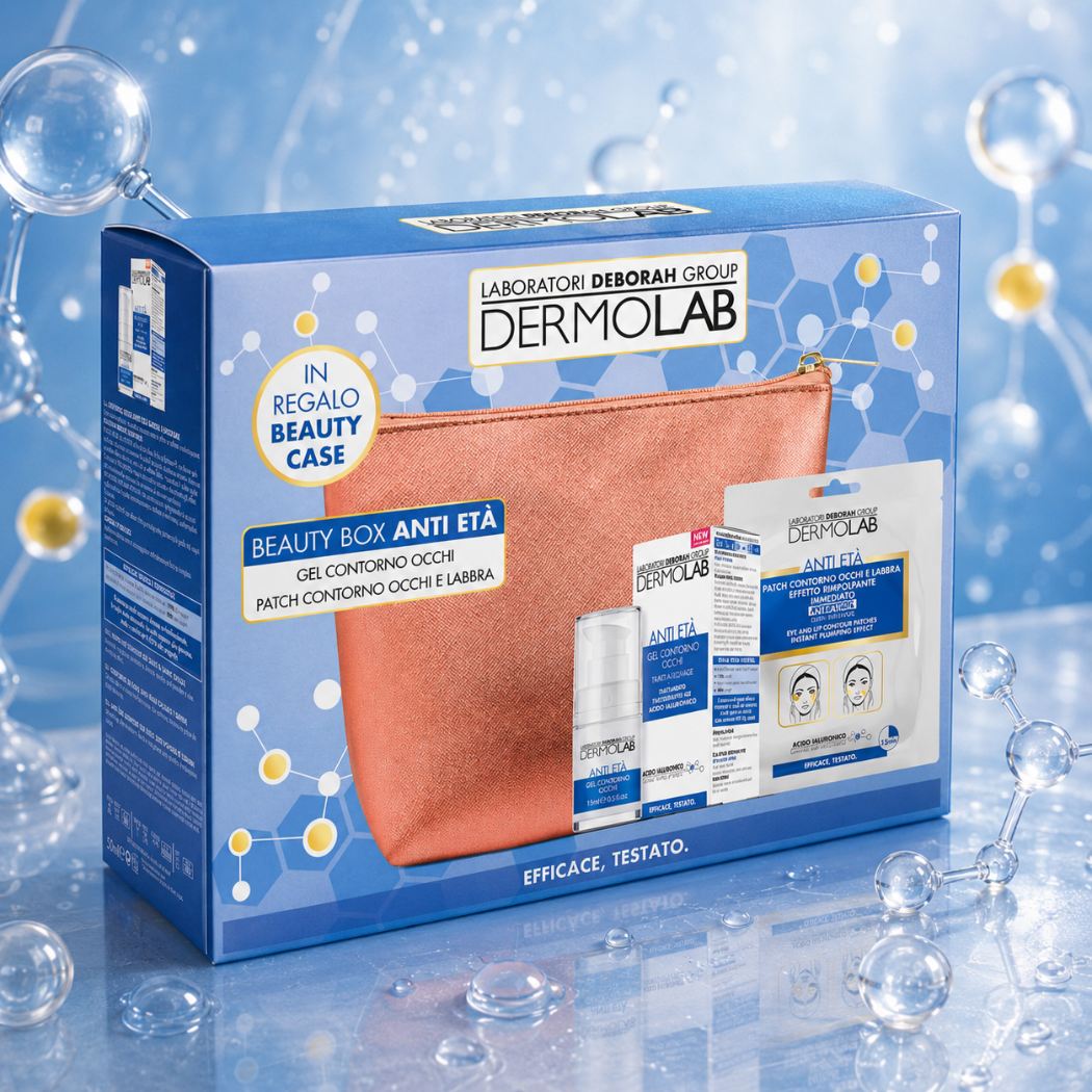 DERMOLAB BEAUTY BOX ANTI ETÀ | Gel Contorno Occhi + Patch Effetto Rimpolpante Occhi e Labbra + Beauty Case in Regalo - Liquidò