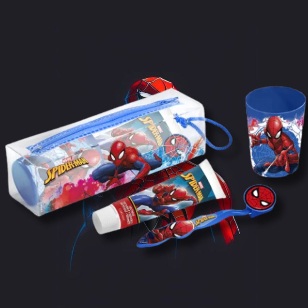 KIT IGIENE DENTALE - Spiderman | Kit Spazzolino + Dentifricio + Bicchiere + Pochette