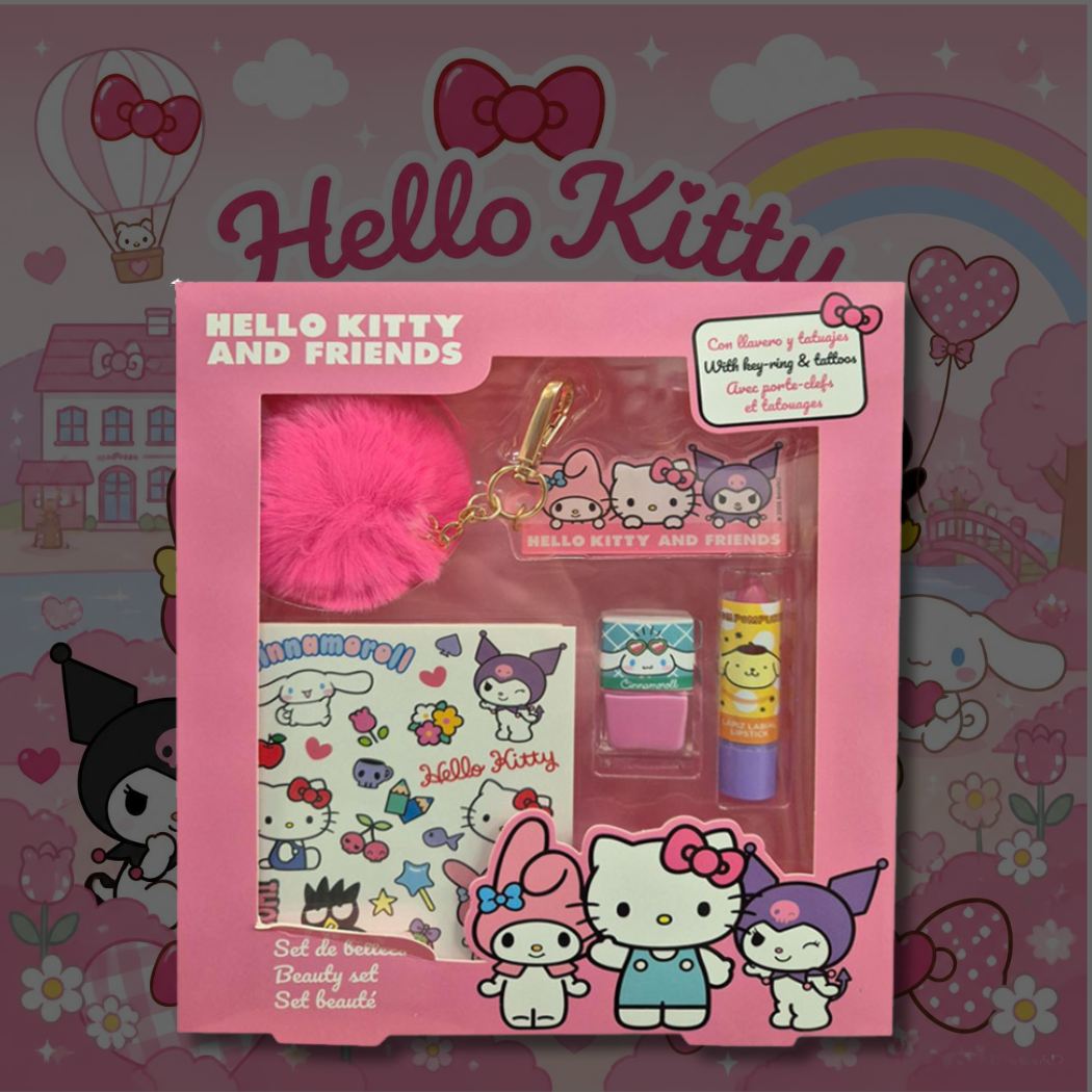 HELLO KITTY AND FRIENDS SET DI BELLEZZA - Rossetto 3,2g + Smalto per unghie da 4,5 ml + Portachiavi con maxi pompon rosa e charm Sanrio +  Foglio di tatuaggi temporanei assortiti