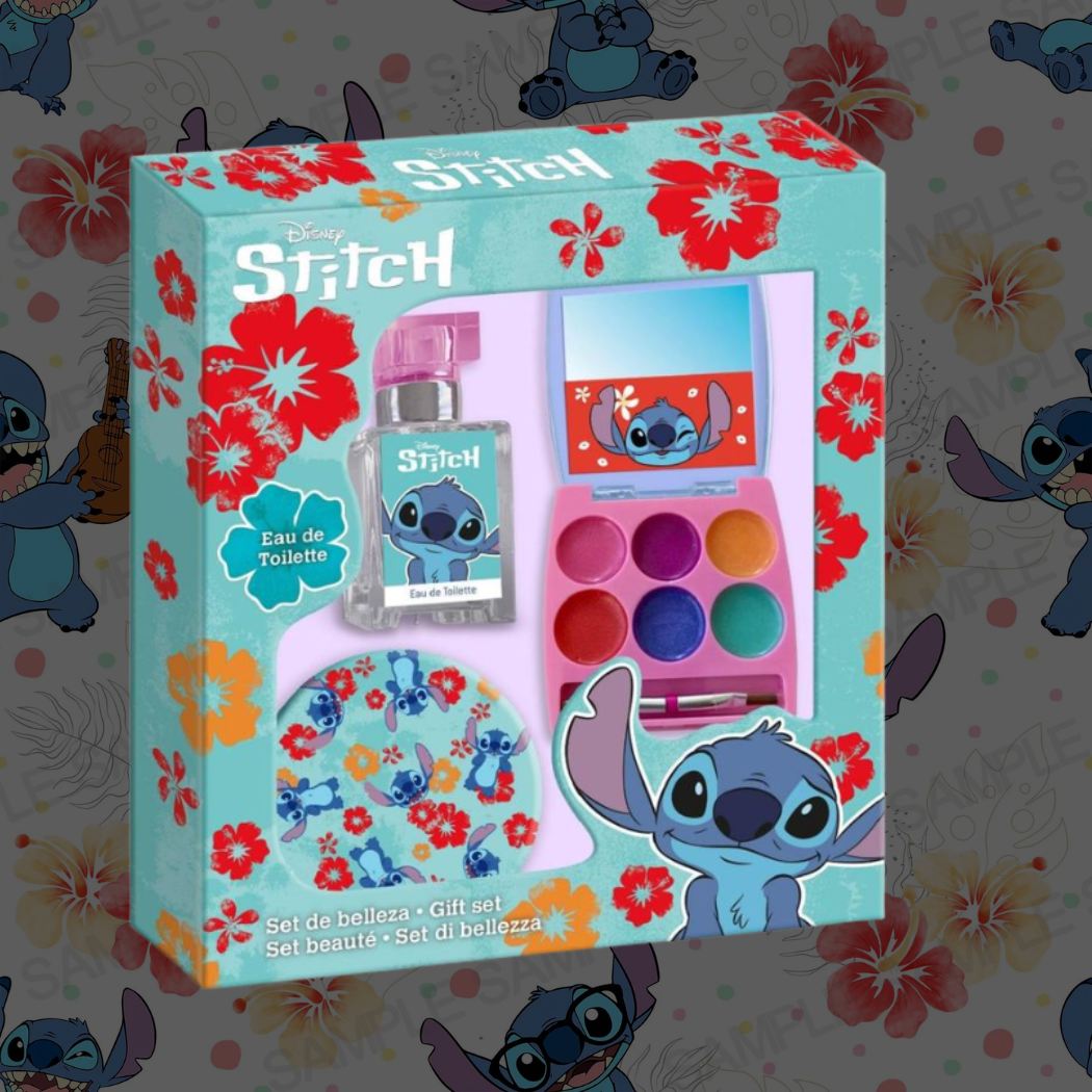 DISNEY STITCH COFANETTO REGALO - Eau de Toilette Spray 20 ml + 1 Palette Lip Gloss con 6 tonalità  + 1 Specchietto compatto da borsa  + 1 Pennellino applicatore