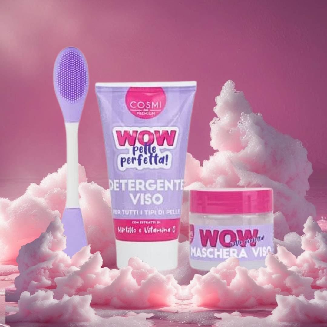 WOW PELLE PERFETTA MIRTILLO & VITAMINA C | Kit Trattamento Viso: Detergente Esfoliante & Maschera Purificante + Spazzola Silicone