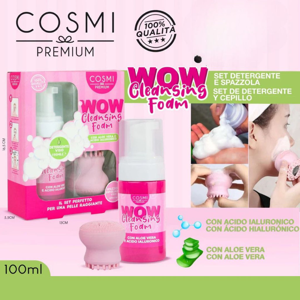WOW CLEANSING FOAM - Set Detergente Viso & Spazzola Esfoliante con Aloe Vera & Acido Ialuronico