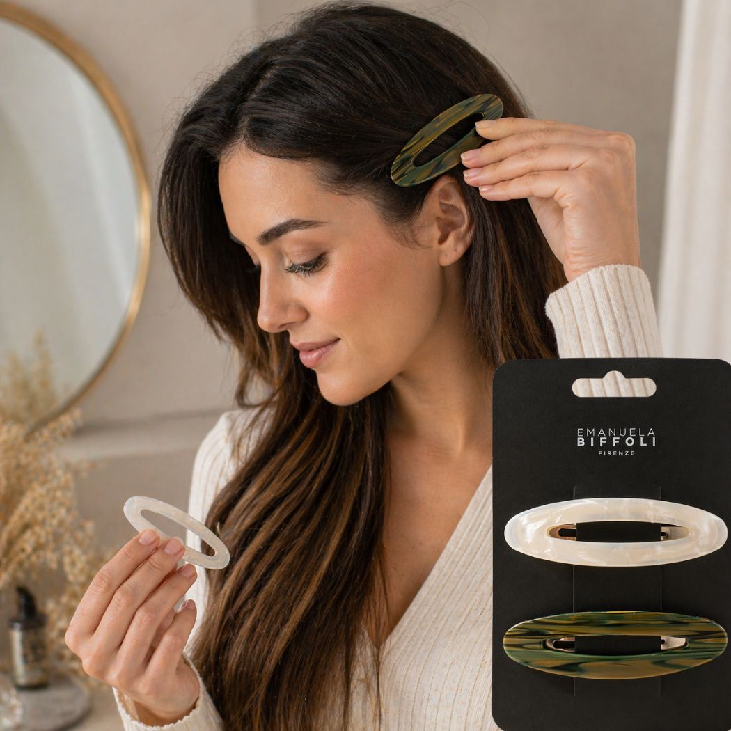 EMANUELA BIFFOLI SET 2 FERMAGLI OVALI - Resina Effetto Perla E Tartarugato