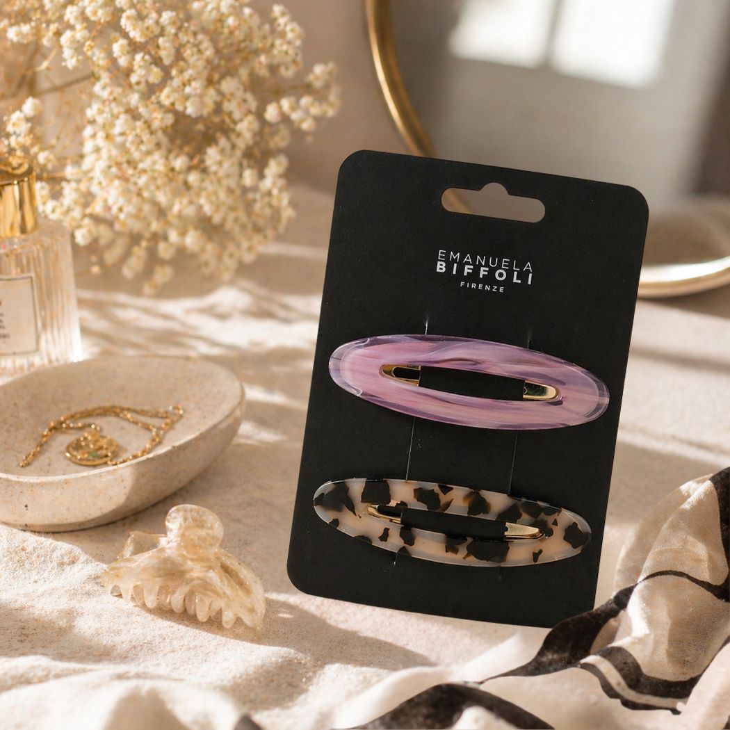 EMANUELA BIFFOLI SET 2 FERMAGLI OVALI - Resina Effetto Perla E Tartarugato