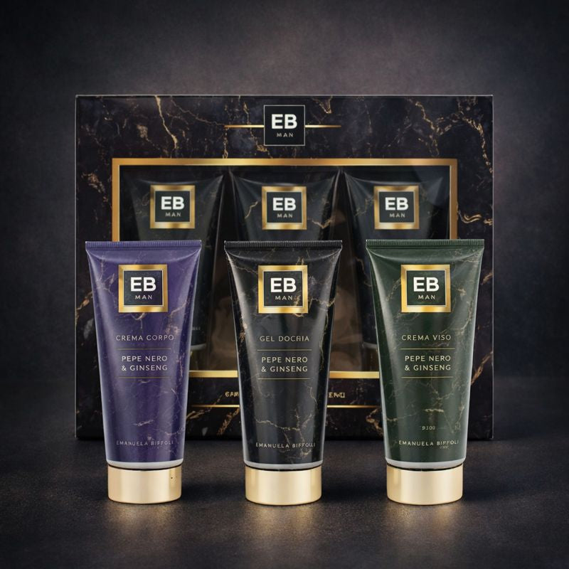 EMANUELA BIFFOLI SET CORPO UOMO | Pepe Nero & Ginseng – Doccia, Crema Corpo e Crema Viso 3X110ml