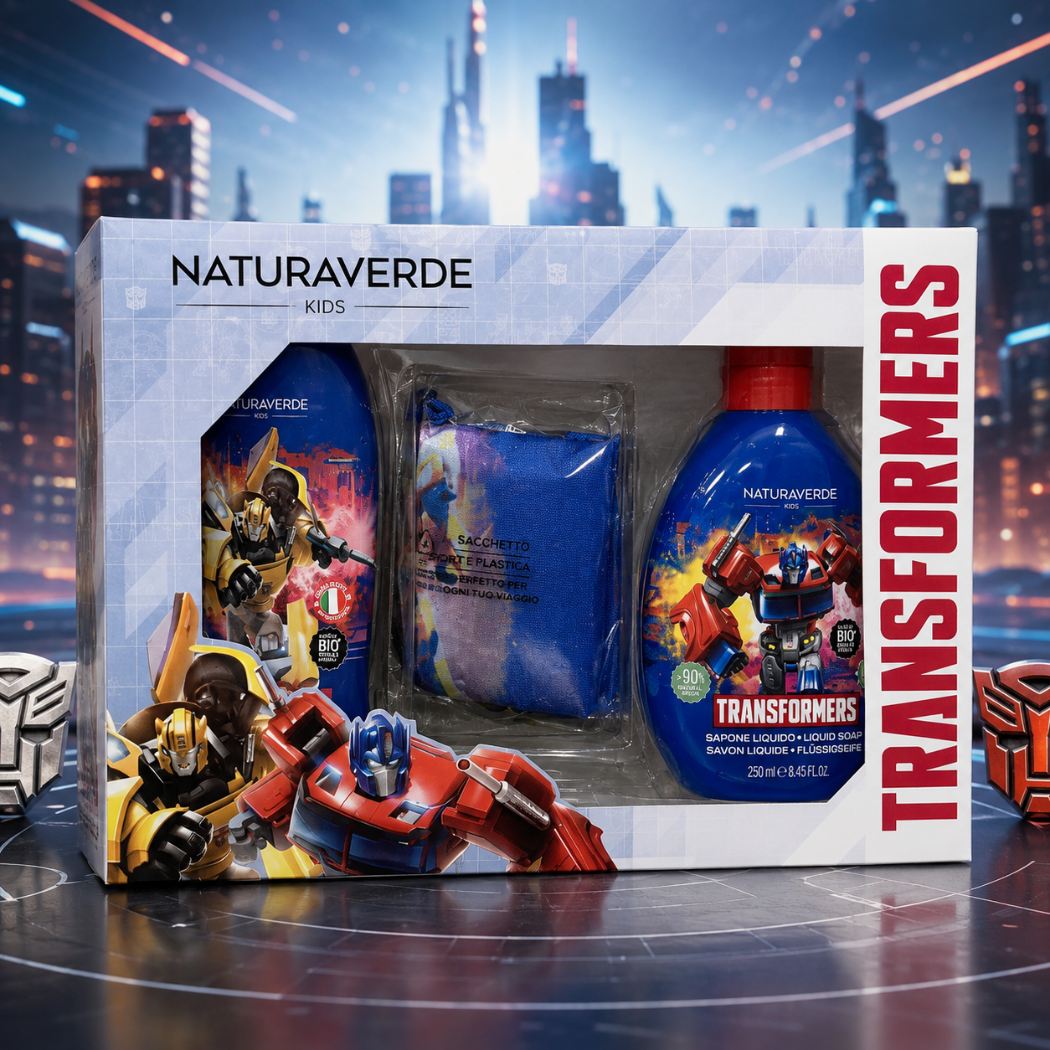 TRANSFORMERS COFANETTO - Doccia Shampoo 2 in 1 250ml + Sapone Liquido Mani 250ml + Sacca Zainetto Transformers