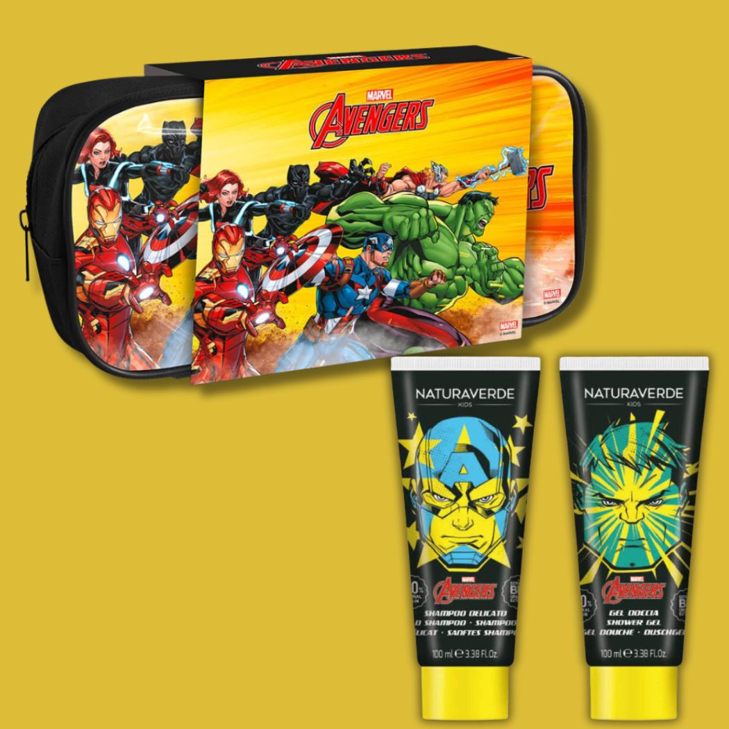 MARVEL AVENGERS COFANETTO - Shampoo 100ml + Gel Doccia 100ml + Pochette Avengers