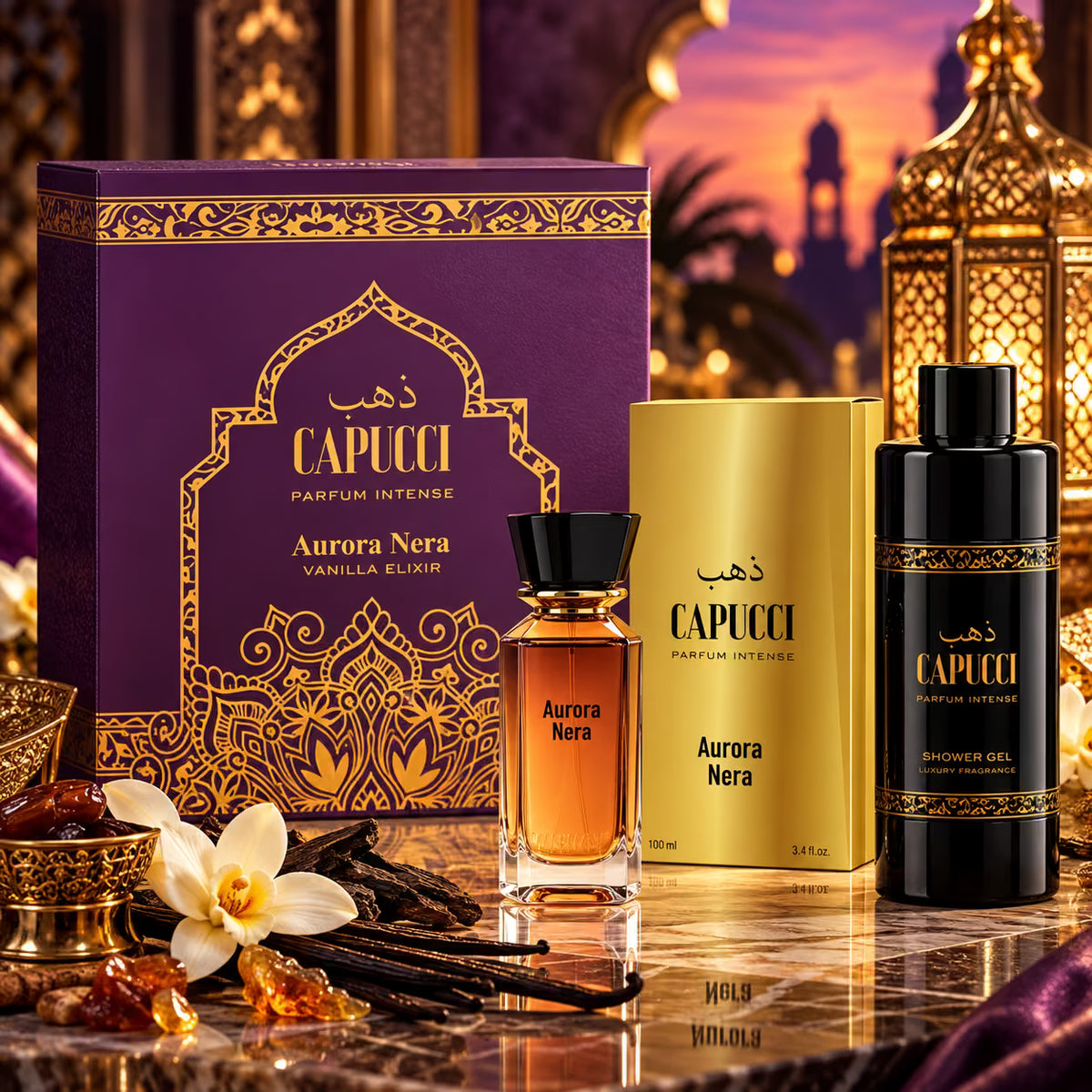 CAPUCCI PARFUM INTENSE VANILLA ELIXIR AURORA NERA COFANETTO - Parfum Intense 100 ml + Shower Gel 250 ml