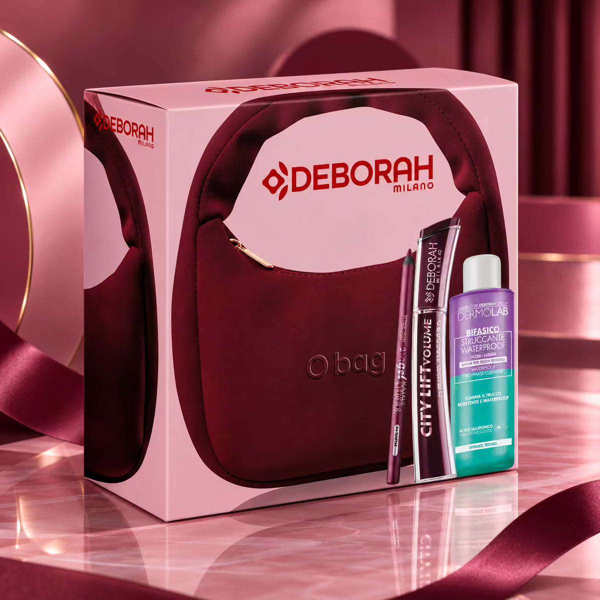 DEBORAH MILANO X O BAG COFANETTO - Mascara City Lift Volume Burgundy 12 ml + Matita Occhi 2in1 Gel Kajal & Eyeliner 04 Burgundy Glitter 1,2 g + Dermolab Struccante Bifasico Occhi e Labbra 50 ml+ Mini O Bag