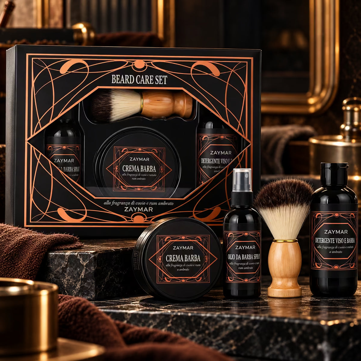 ZAYMAR FOR HIM BEARD CARE SET - Crema da Barba 75 ml + Olio da Barba Spray 80 ml + Detergente Viso e Barba 150 ml + Pennello da Barba con Manico in Legno