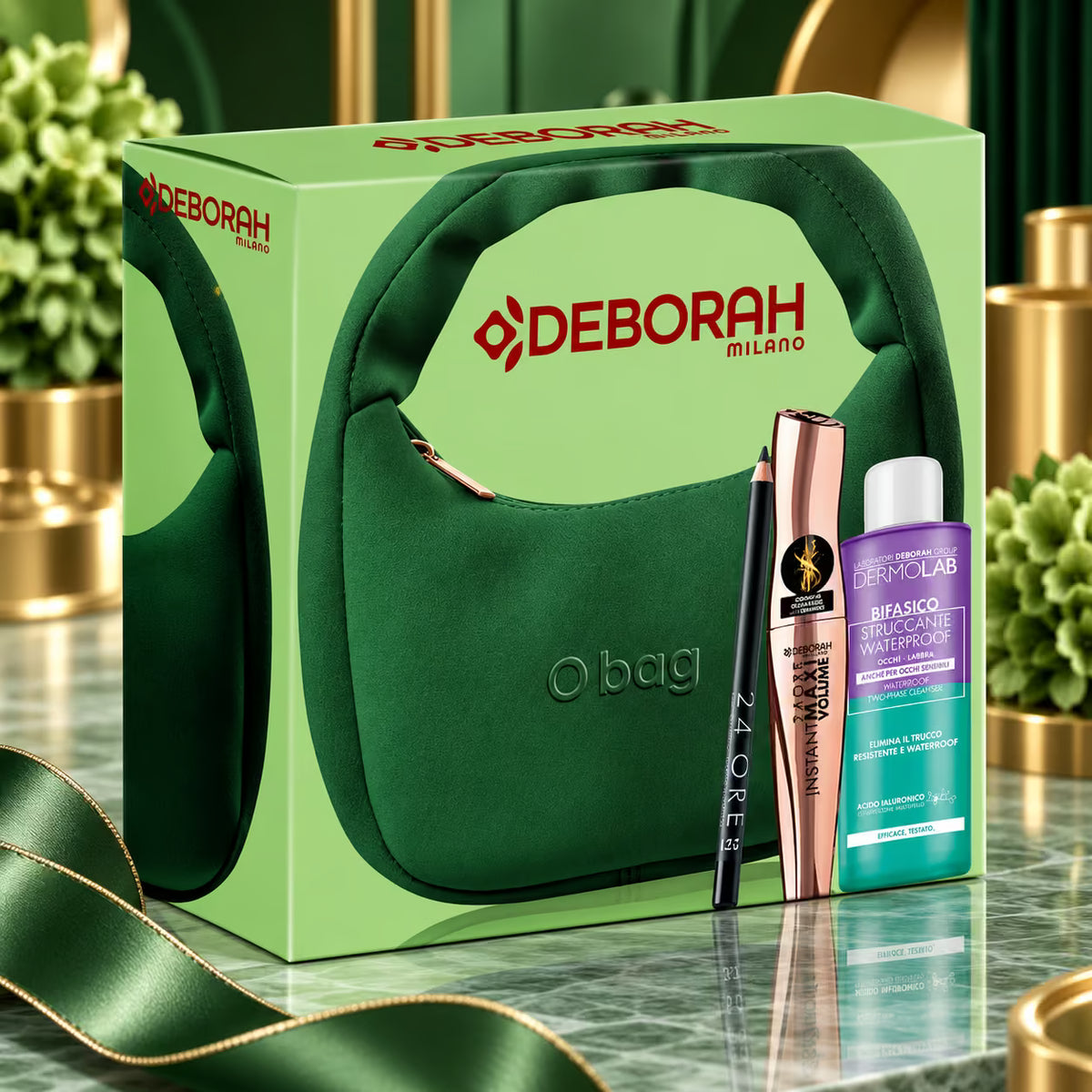 DEBORAH MILANO X O BAG COFANETTO - Mascara 24 Ore Instant Maxi Volume 12ml + Struccante Bifasico Dermolab 50 ml +  Matita Occhi 24 Ore – N.251 Nero 1,14g+ Mini O Bag