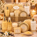 IDC INSTITUTE SCENTED BATH GOLD VANILLA & BERGAMOT SET - Shower Gel 300ml + Body Mist 150ml + Sapone Solido 100g + Body Lotion 300ml + Sali Da Bagno 150g + Body Scrub 200ml + Candela + Spugna In Sisal