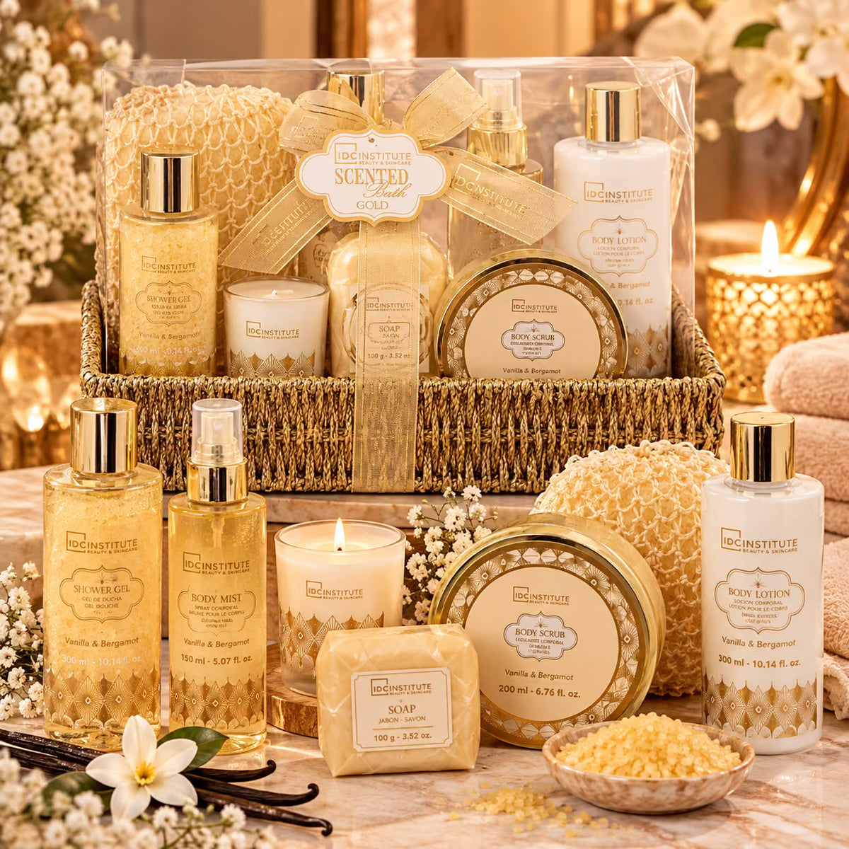 IDC INSTITUTE SCENTED BATH GOLD VANILLA & BERGAMOT SET - Shower Gel 300ml + Body Mist 150ml + Sapone Solido 100g + Body Lotion 300ml + Sali Da Bagno 150g + Body Scrub 200ml + Candela + Spugna In Sisal
