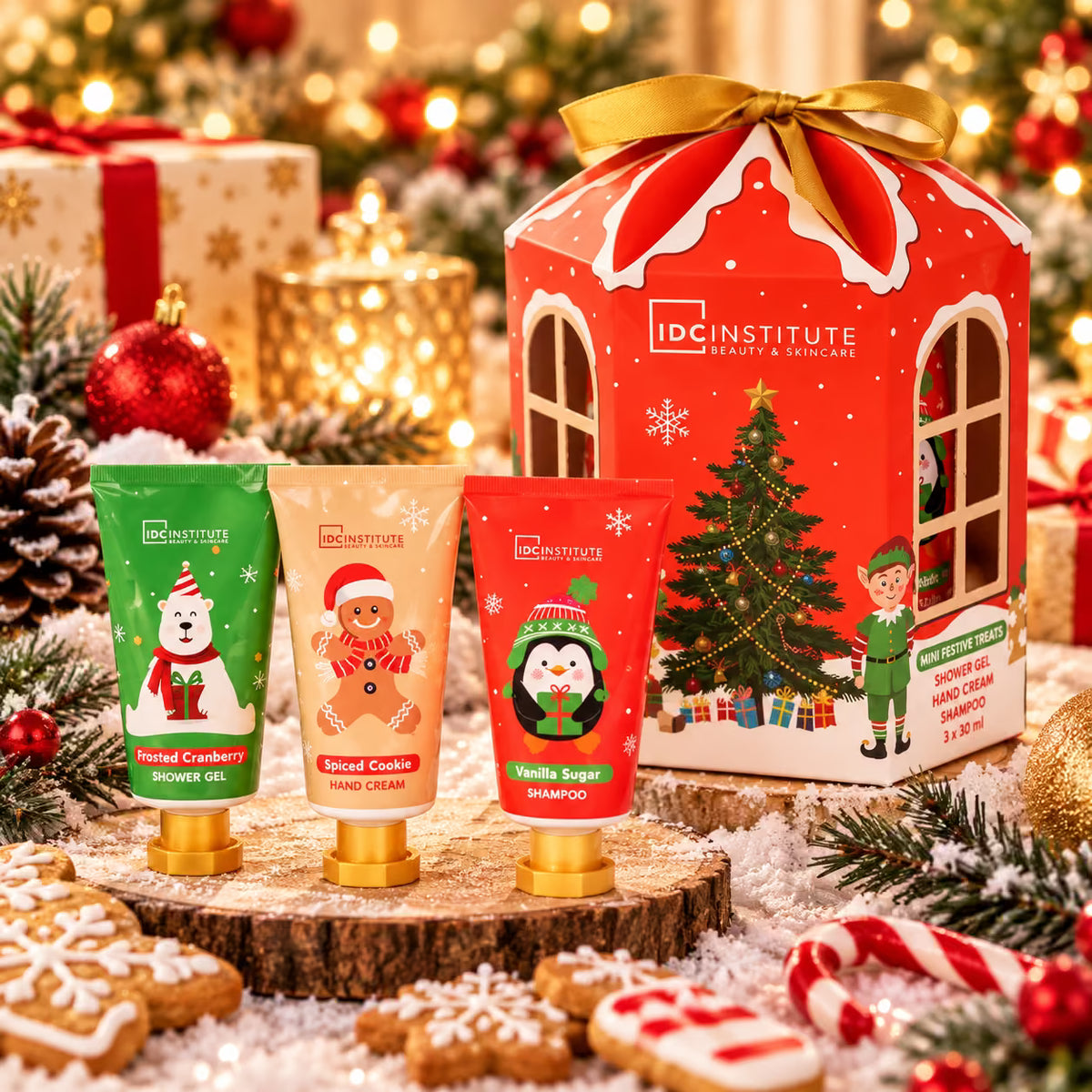 IDC INSTITUTE CHRISTMAS MINI FESTIVE TREATS - Shower Gel 30 ml + Shampoo 30 ml + Hand Cream 30 ml