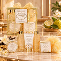 IDC INSTITUTE SCENTED BATH GOLD VANILLA & BERGAMOT - Gel Doccia 150 ml + Bubble Bath 150 ml + Sali da Bagno 50 g + Crema Mani 110 ml + Body Lotion 80 ml + Spugna in rete
