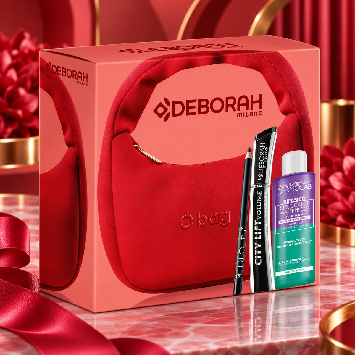 DEBORAH MILANO X O BAG COFANETTO - Mascara City Lift Volume 12 ml + Struccante Bifasico Dermolab 50 ml + Matita Occhi 24 Ore (n. 251 Nero) 1,5 gr + Mini O Bag