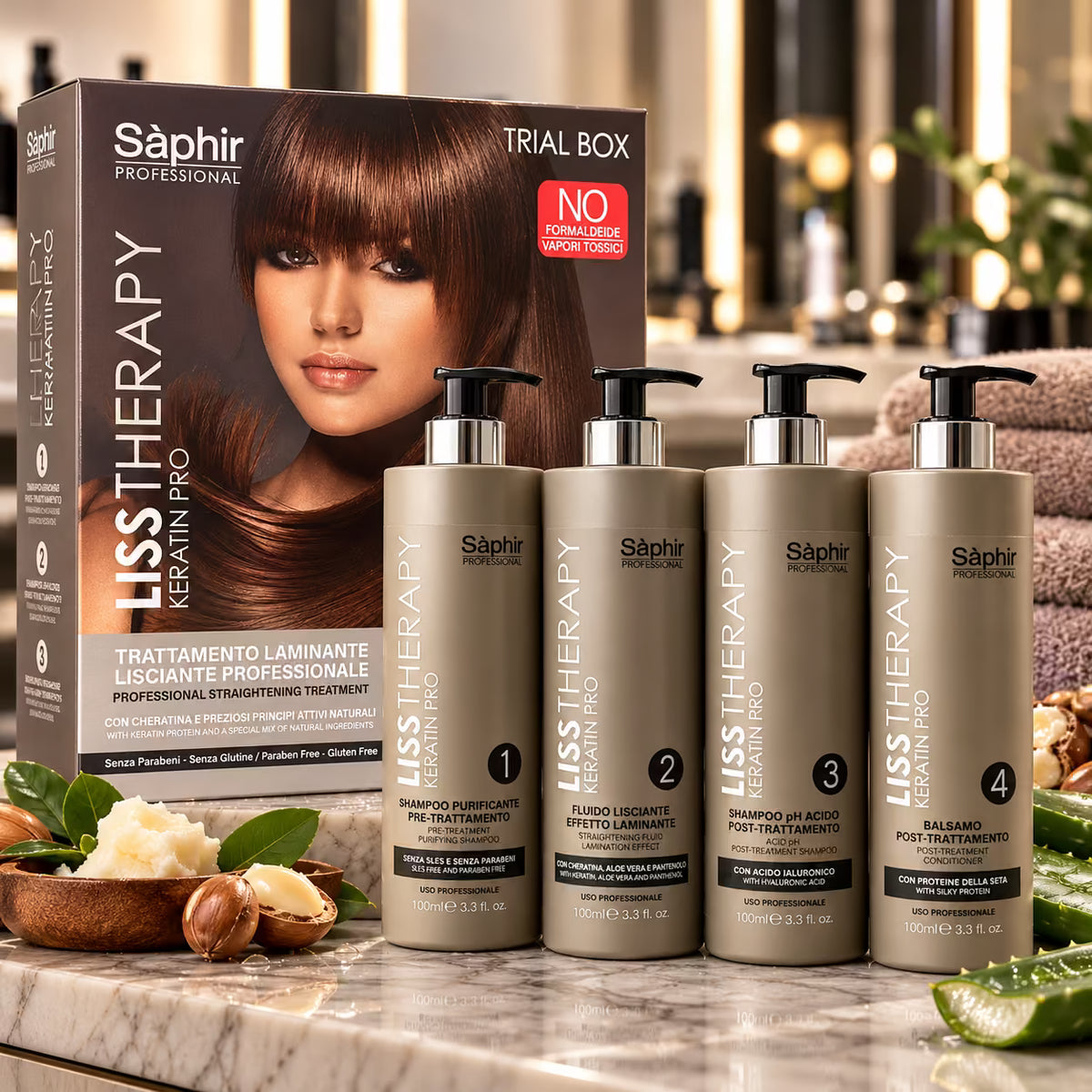 SÁPHIR PROFESSIONAL TRIAL BOX LISS THERAPHY KERATIN PRO - Trial Box Kit Lisciante e Laminante 4×100 ml