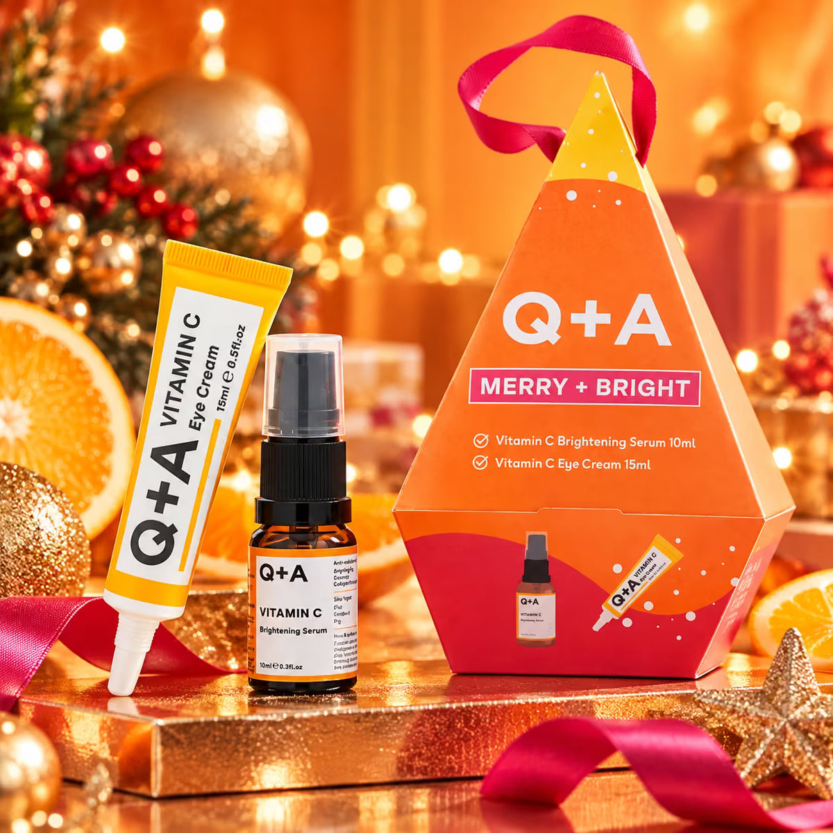 Q+A VITAMIN C MERRY + BRIGHT GIFT SET - Cofanetto Vitamin C Brightening Serum 10 ml + Eye Cream 15 ml