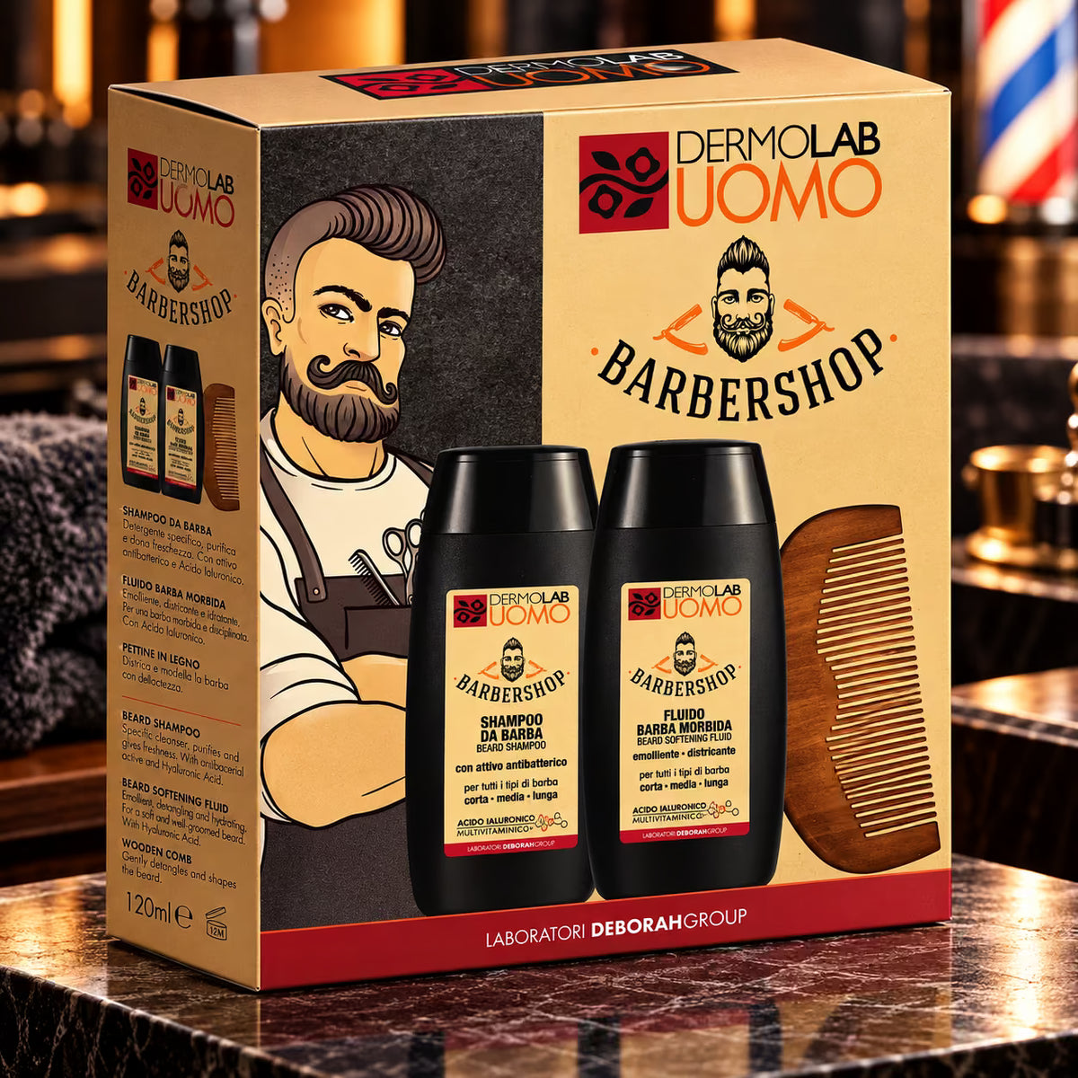 DERMOLAB UOMO SET BARBERSHOP - Shampoo Da Barba 120ml +  Fluido Barba Morbida 120 ml + Pettine in Legno