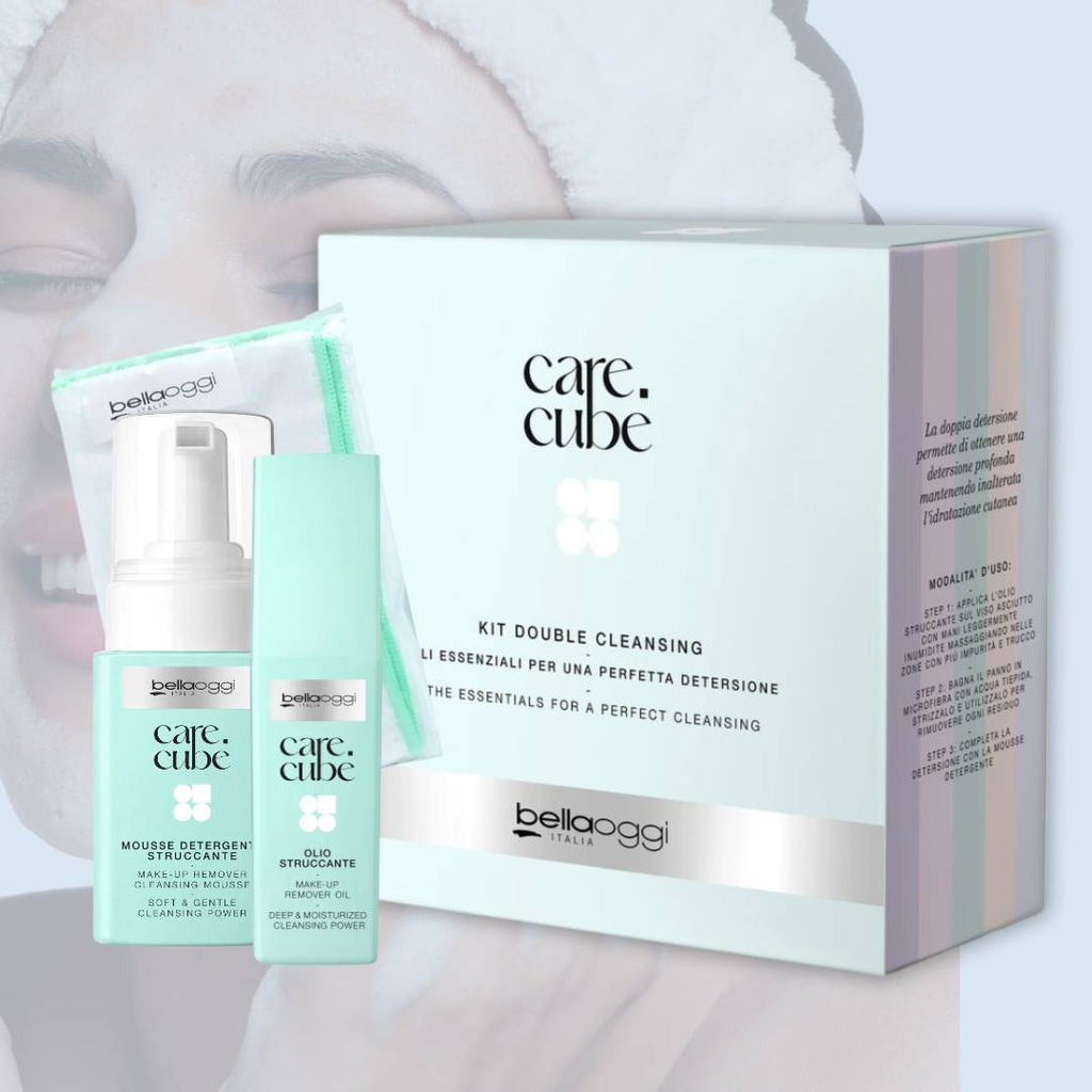 Care.Cube | KIT DOUBLE CLEANSING - Una Perfetta detersione: Mousse Detergente & Olio Struccante + Panno Struccante