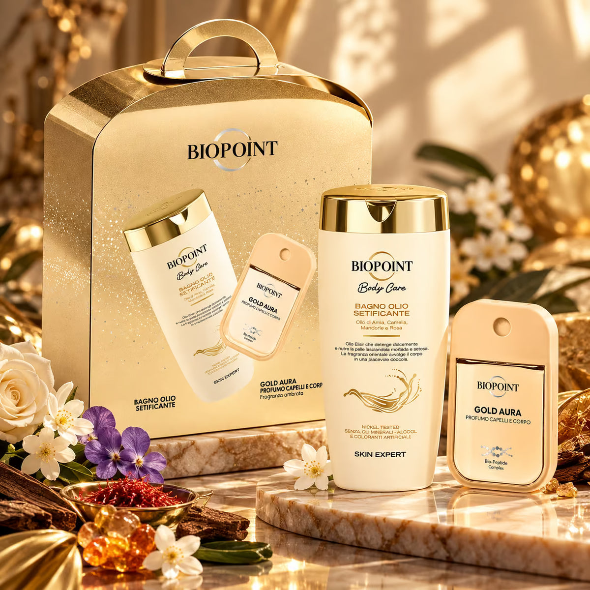 BIOPOINT GOLD AURA COFANETTO REGALO - Bagno Olio Setificante 400 ml + Profumo Capelli e Corpo 45 ml