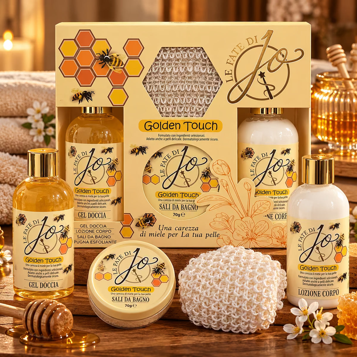 LE FATE DI JO GOLDEN TOUCH GIFT SET - Gel Doccia 200ml + Lozione Corpo 200ml + Sali Da Bagno 70g + Spugna Esfoliante
