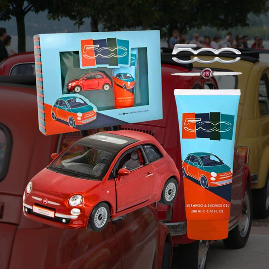 FIAT 500 Cofanetto | Modellino Burago + Shampoo & Shower Gel 200ml