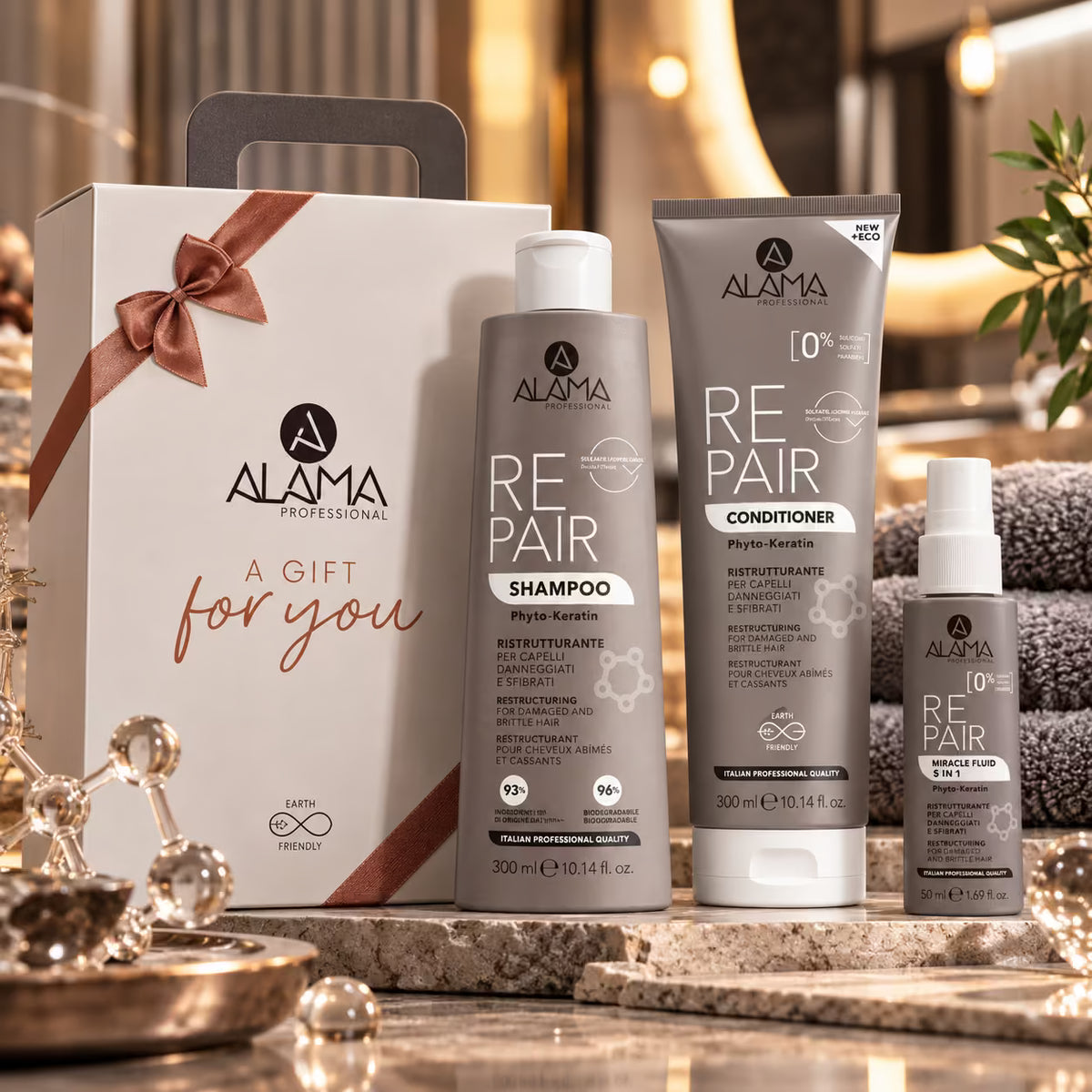 ALAMA PROFESSIONAL COFANETTO REPAIR - Shampoo + Balsamo + Miracle fluid 5 in 1 in Omaggio
