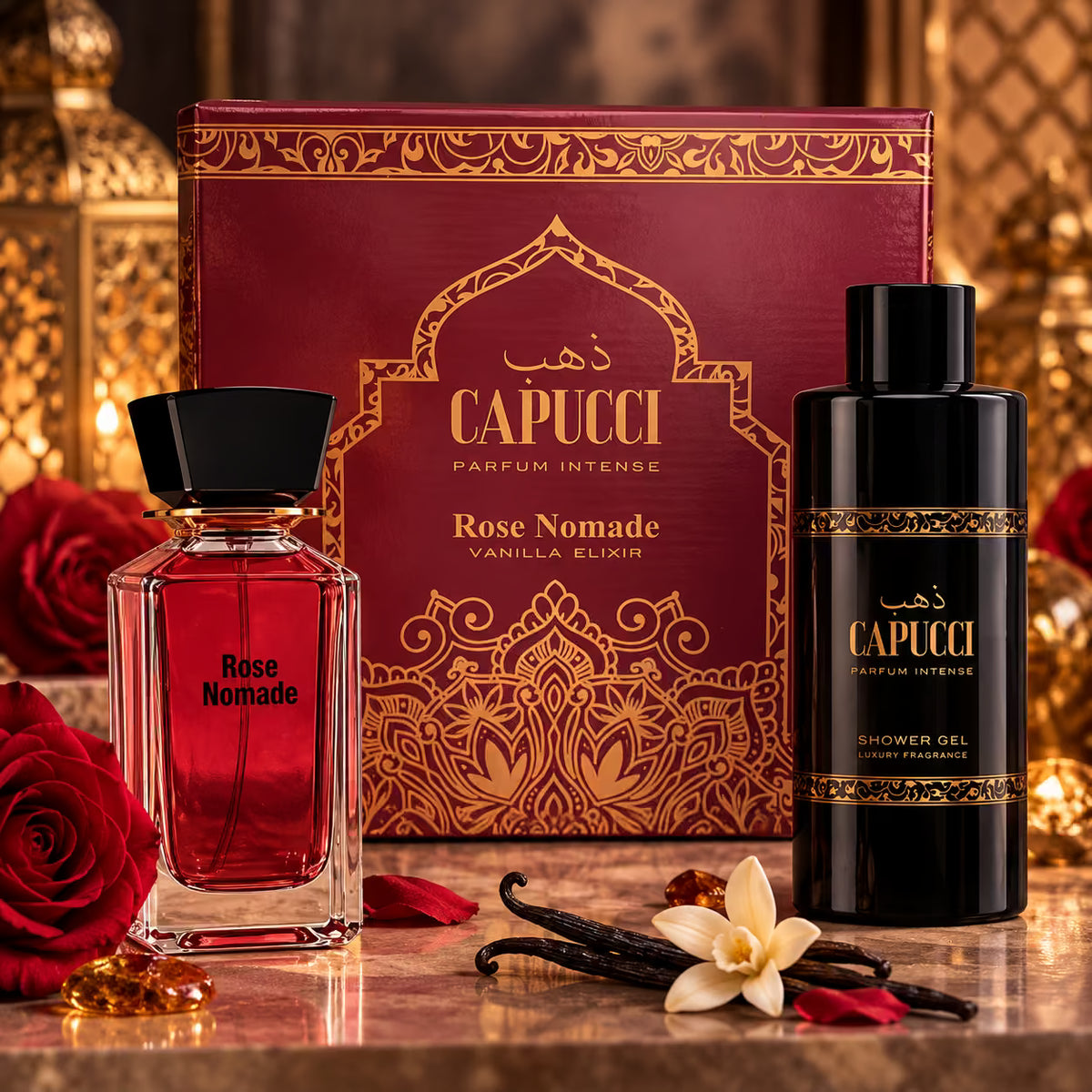 CAPUCCI PARFUM INTENSE VANILLA ELIXIR ROSE NOMADE COFANETTO - Parfum Intense 100 ml + Shower Gel 250 ml