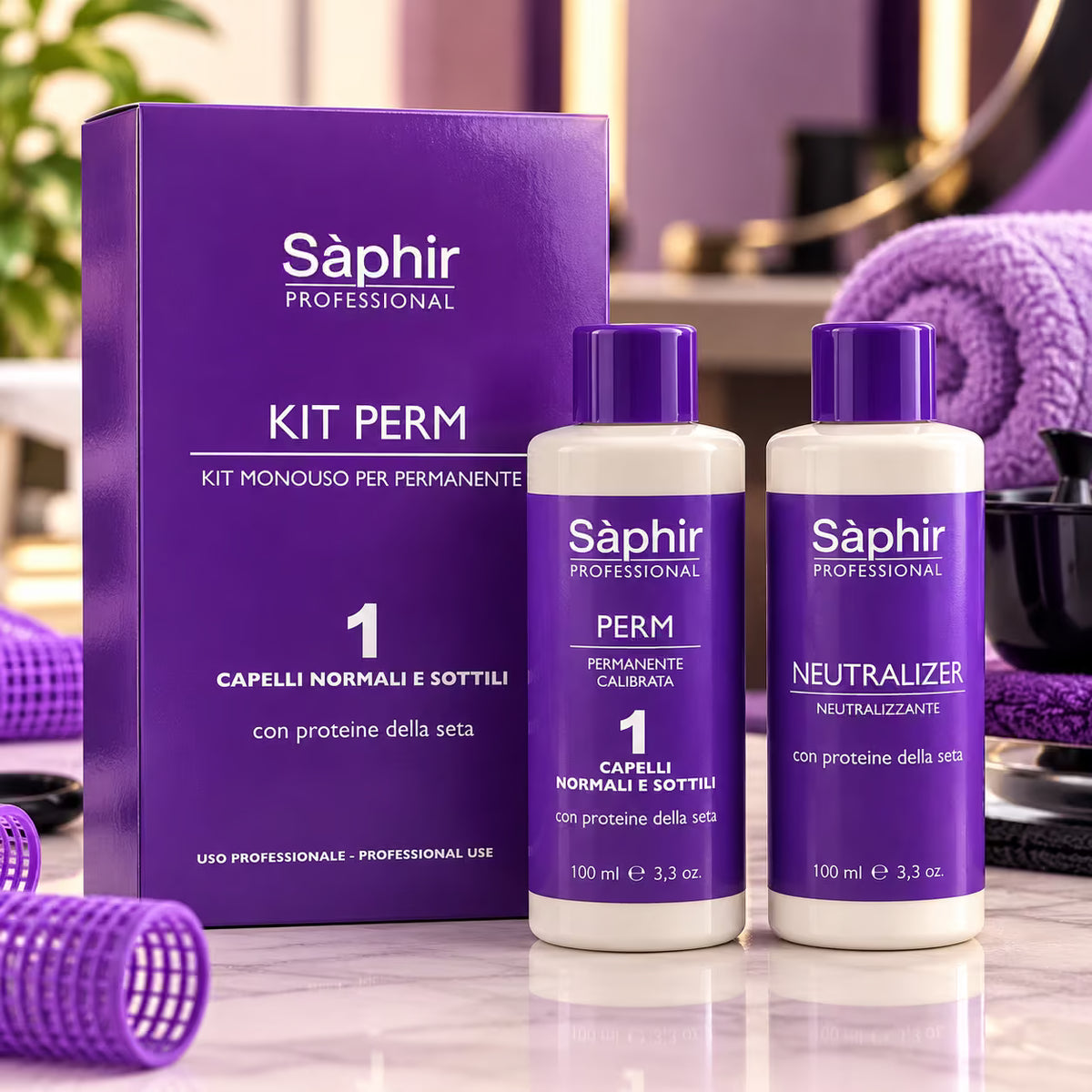SÁPHIR PROFESSIONAL KIT PERM 1 CAPELLI NORMALI E SOTTILI - Kit Monouso Permanente per Capelli Normali e Sottili 100 ml + Neutralizzante 100 ml